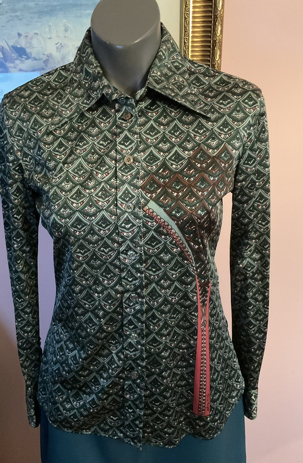 70s Wayne Rogers Shirt Nylon Designer Green Multiprint zipper Graphic M Button