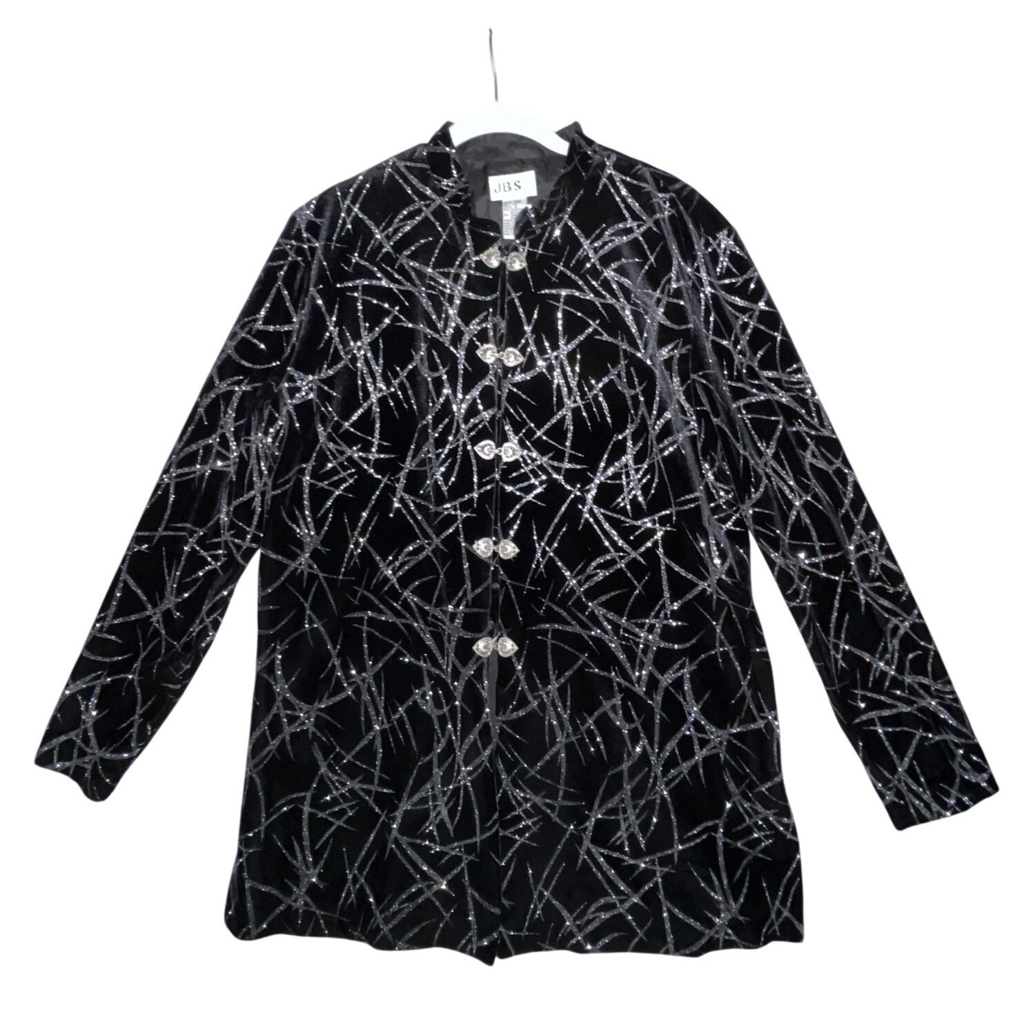 Vintage Black and Silver Velvet Jacket Heart Clasps Size XL JBS Ltd Mandarin