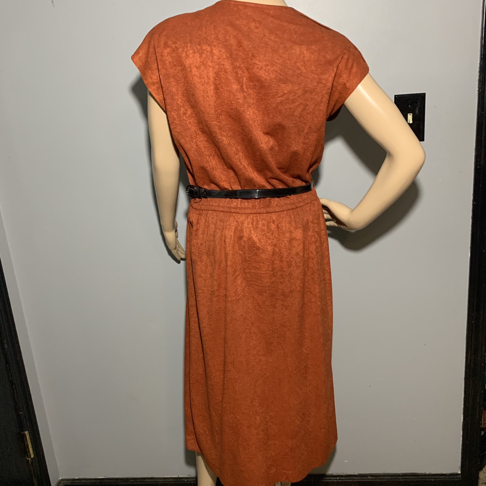 Vintage Orange Suede Like Basic Normal Fitted Dress With Buttons And Belt
