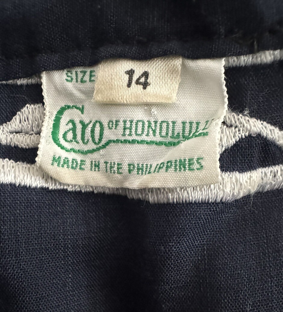 Vintage Hawaiian Shirt Navy Blue Size 14 White Appliqué Caro Of Honolulu