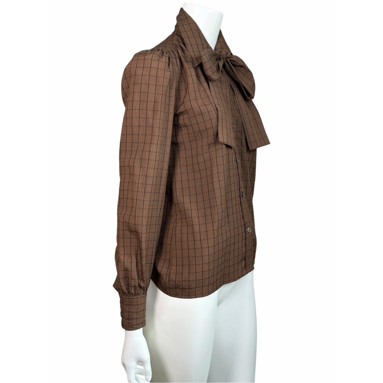 Vintage Saint Laurent Rive Gauche Silk Bow Tie Plaid Blouse EU 34 US 2