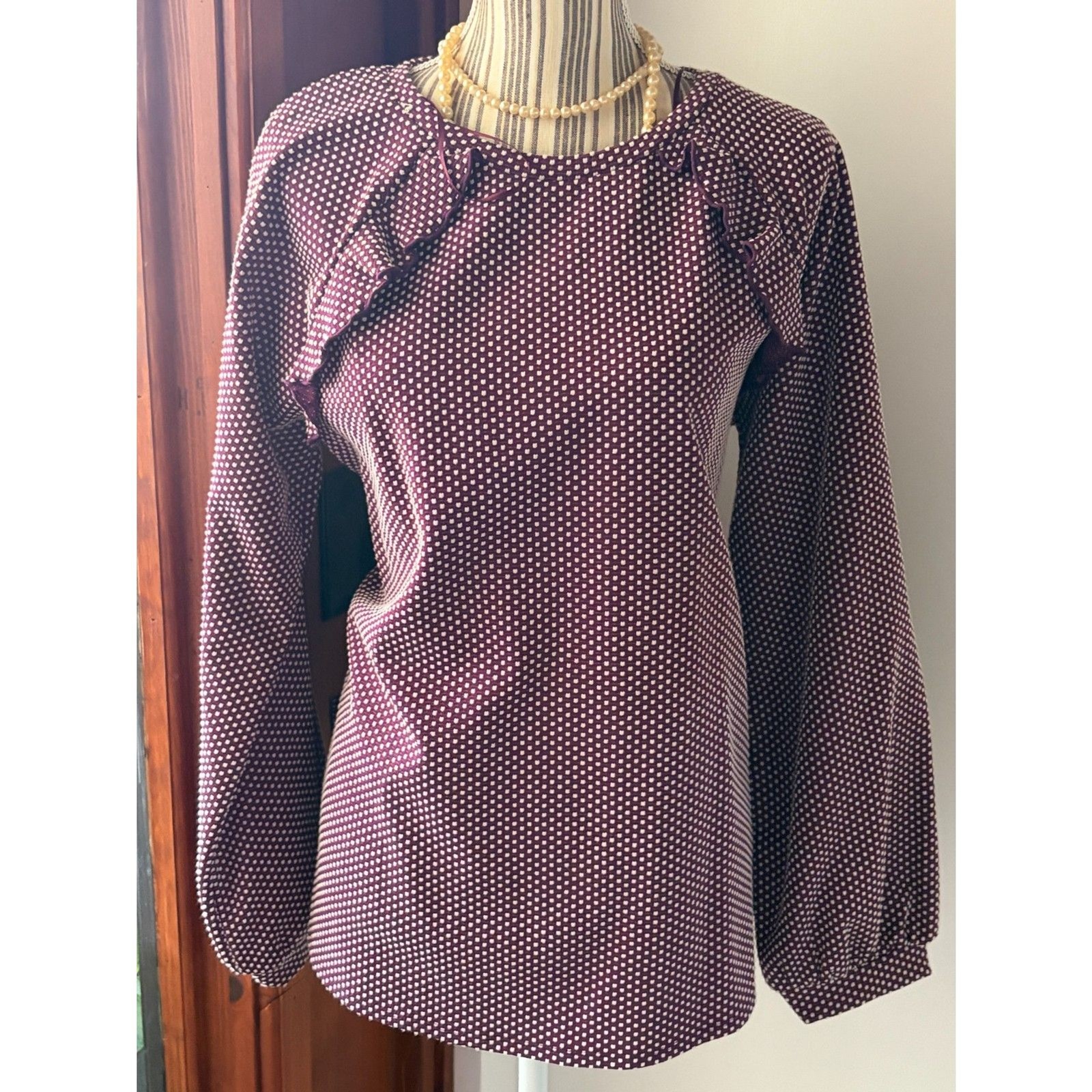 40’s 70’s 90’s Style Pin Dot Balloon Sleeve Prairie Academia Retro Ruffle Top