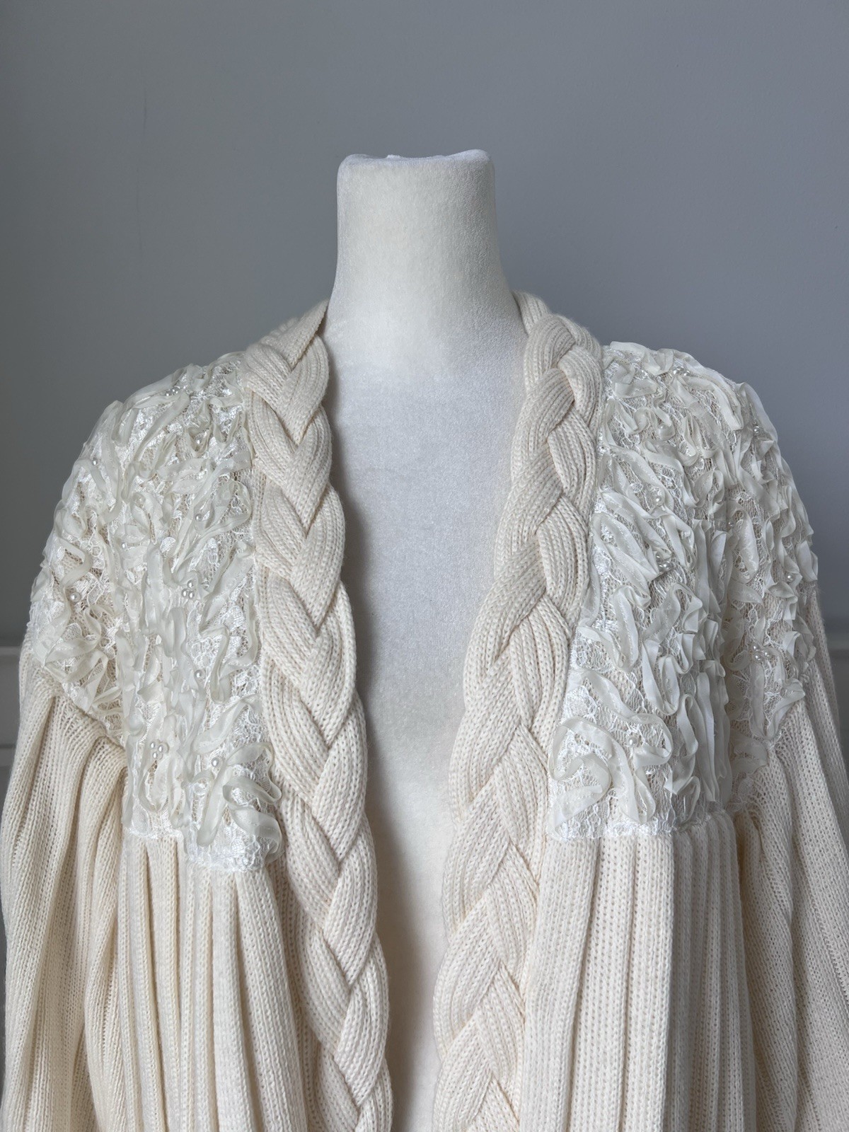 Maurada Vintage Ivory Knit Long Cardigan With Bishop Sleeves Size 1X- 2XL