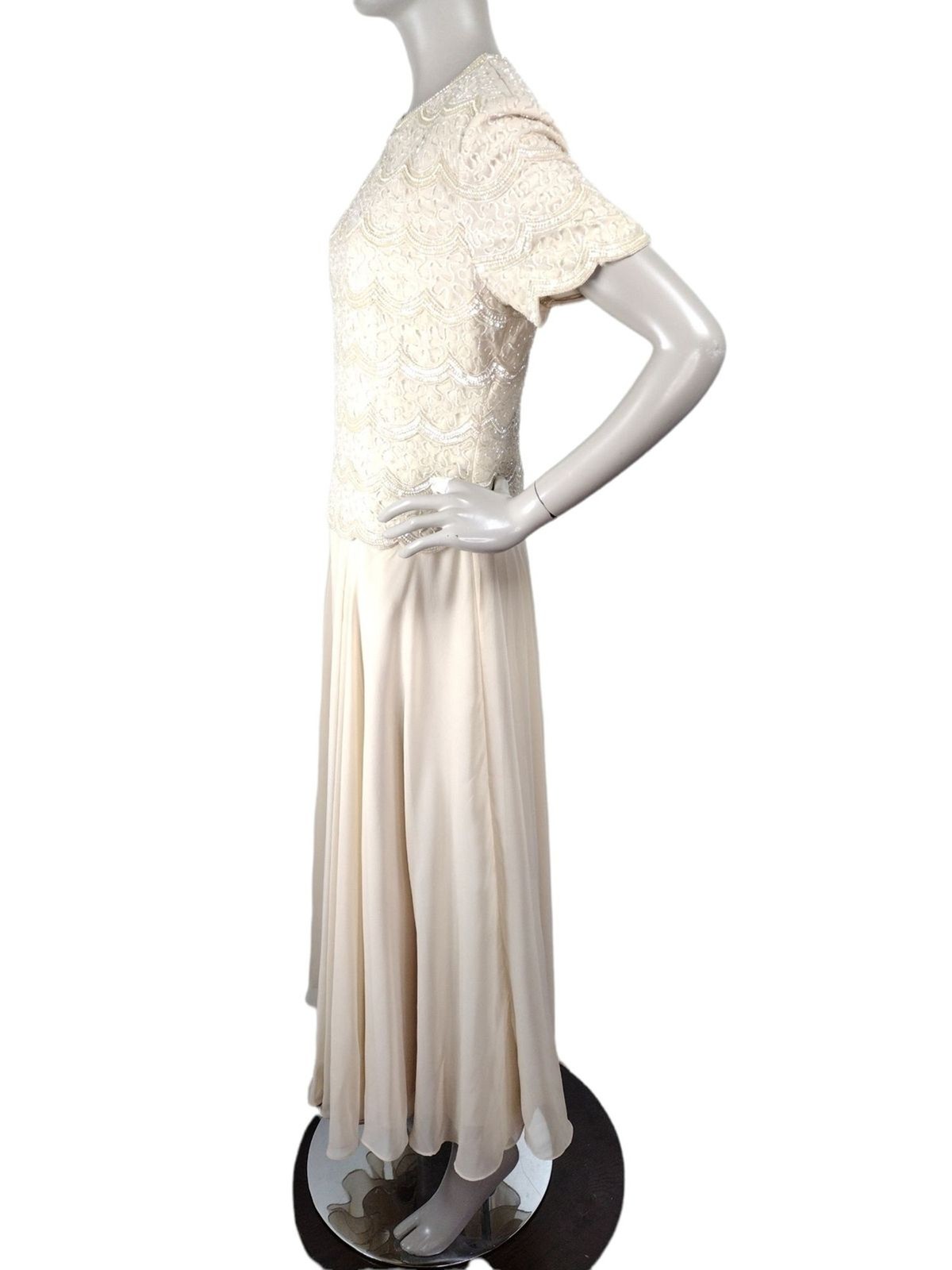 Vintage 80s 90s Creme Chiffon Tiered Scalloped Edge Beaded Sequined Dress India