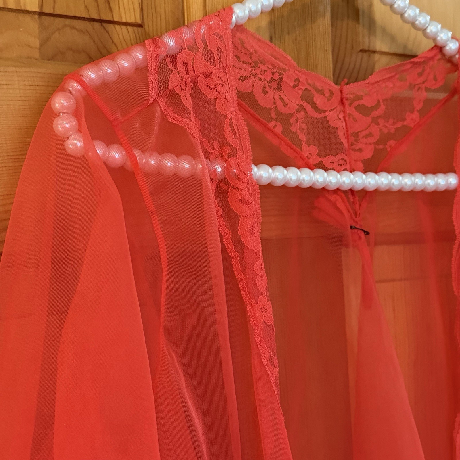 Pandora By Chic Red Sheer Peignoir Robe Lace Sz M Kimono Pin Up Vintage