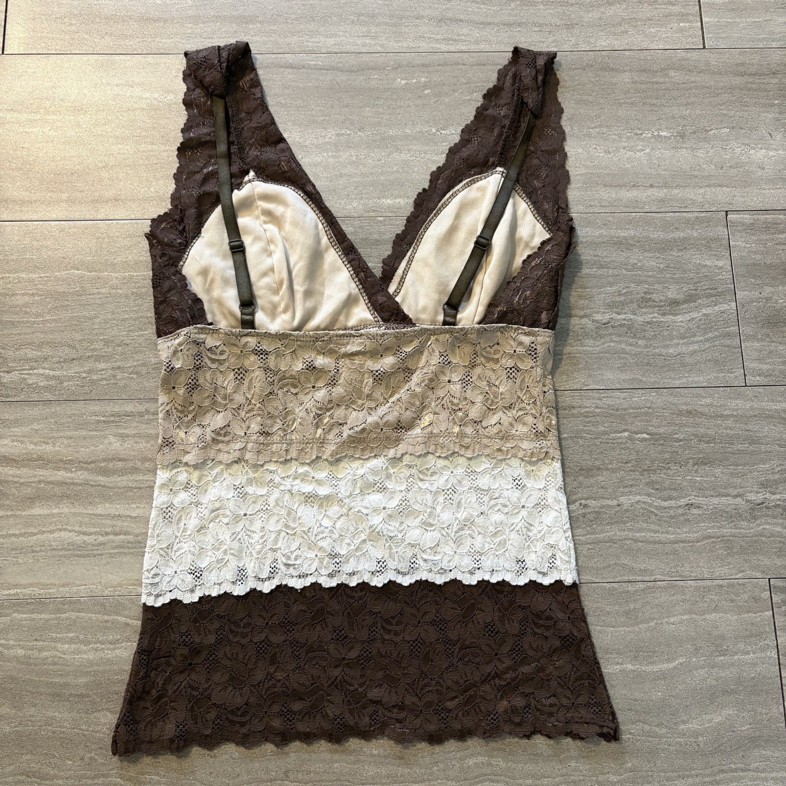 Vintage Lipstick Brand Med Y2K Multi Color Block Lace Trim Cami Tank Top Brown