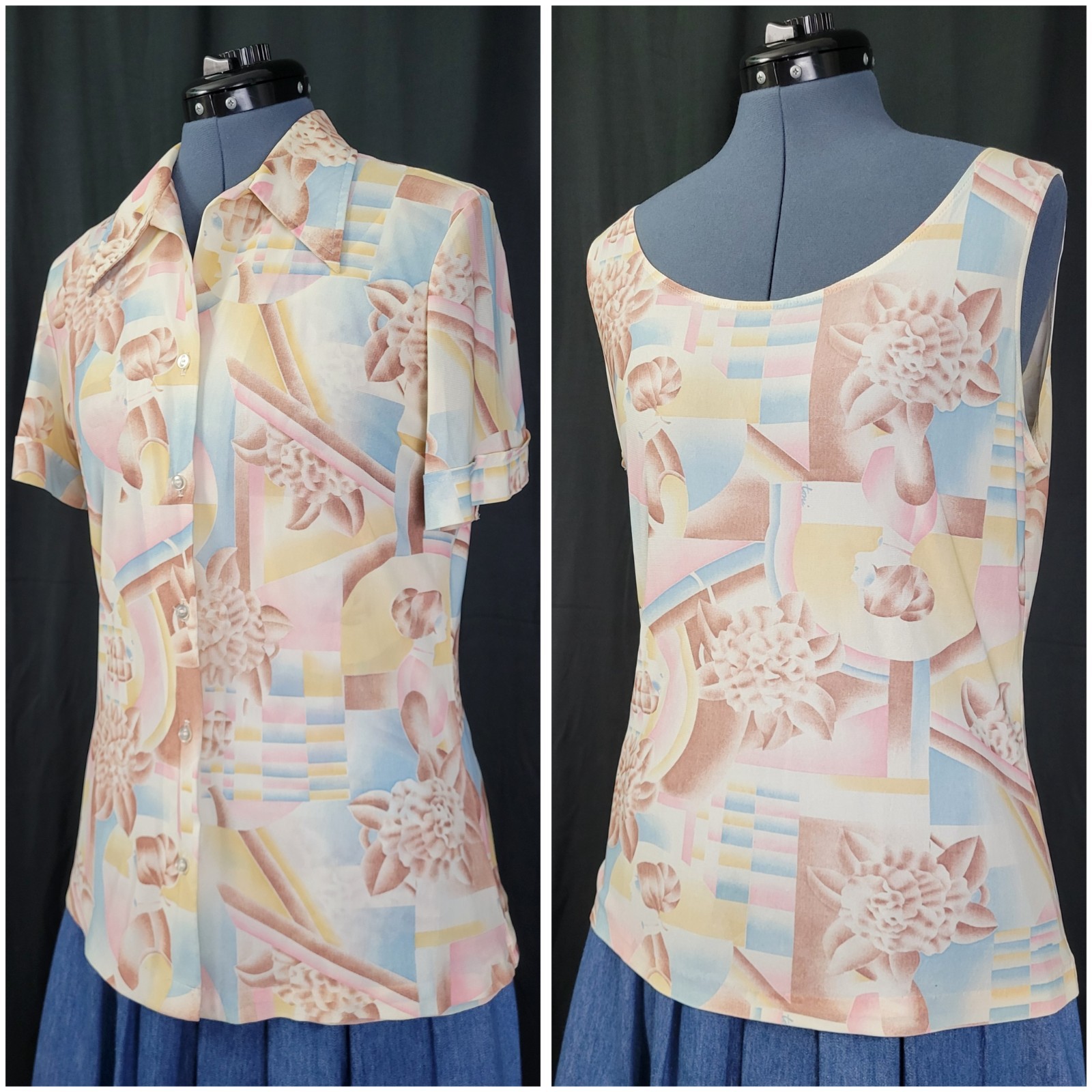 Vintage Shell & Button Down Top Set in Pastel Pink/Blue/Cream/Tan Size 15/16