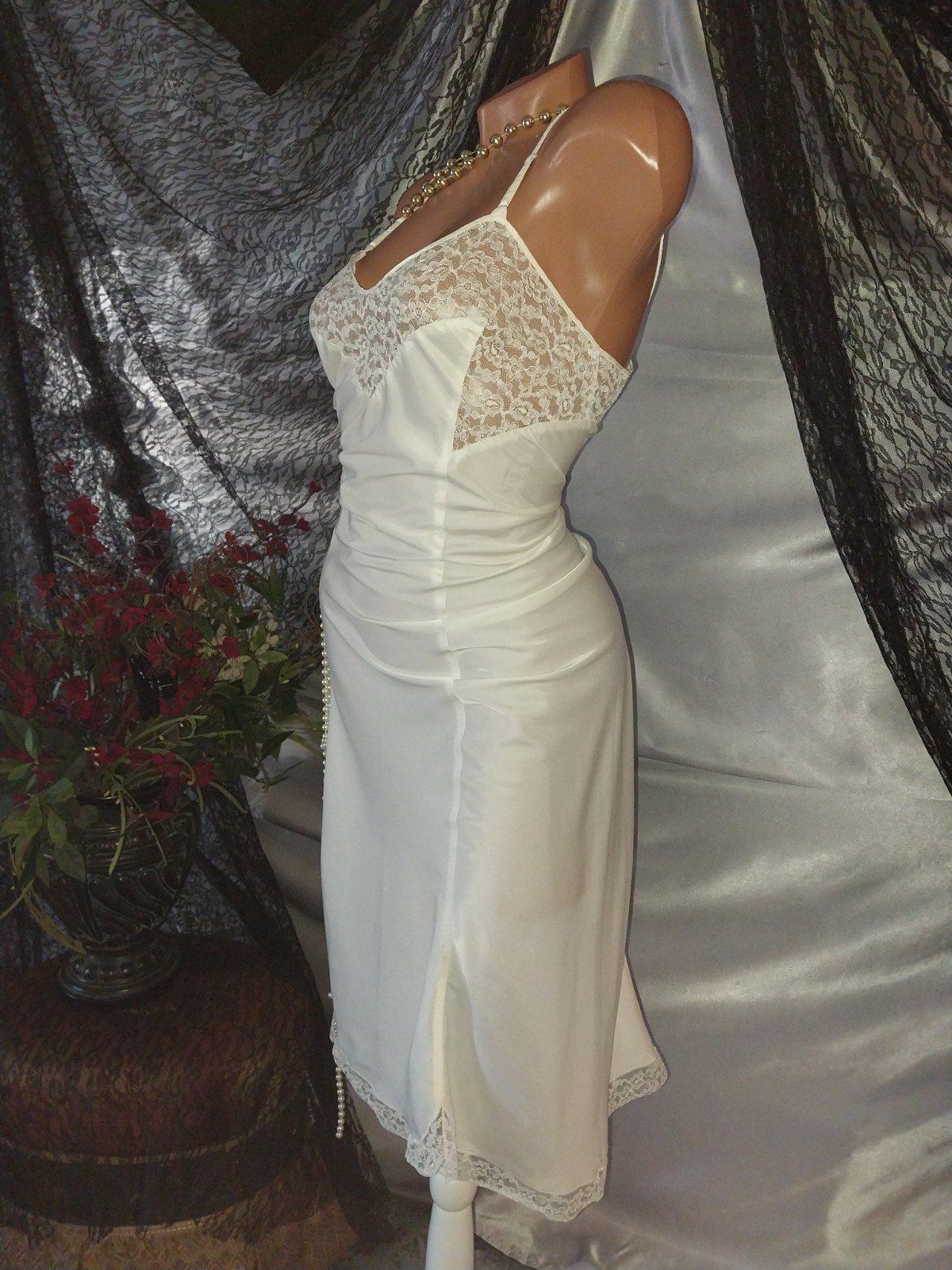 VTG 40’S SATIN CHANTILLY LACE DECO DOWTON DRESS SLIP NIGHTGOWN EDWARDIAN LACE S