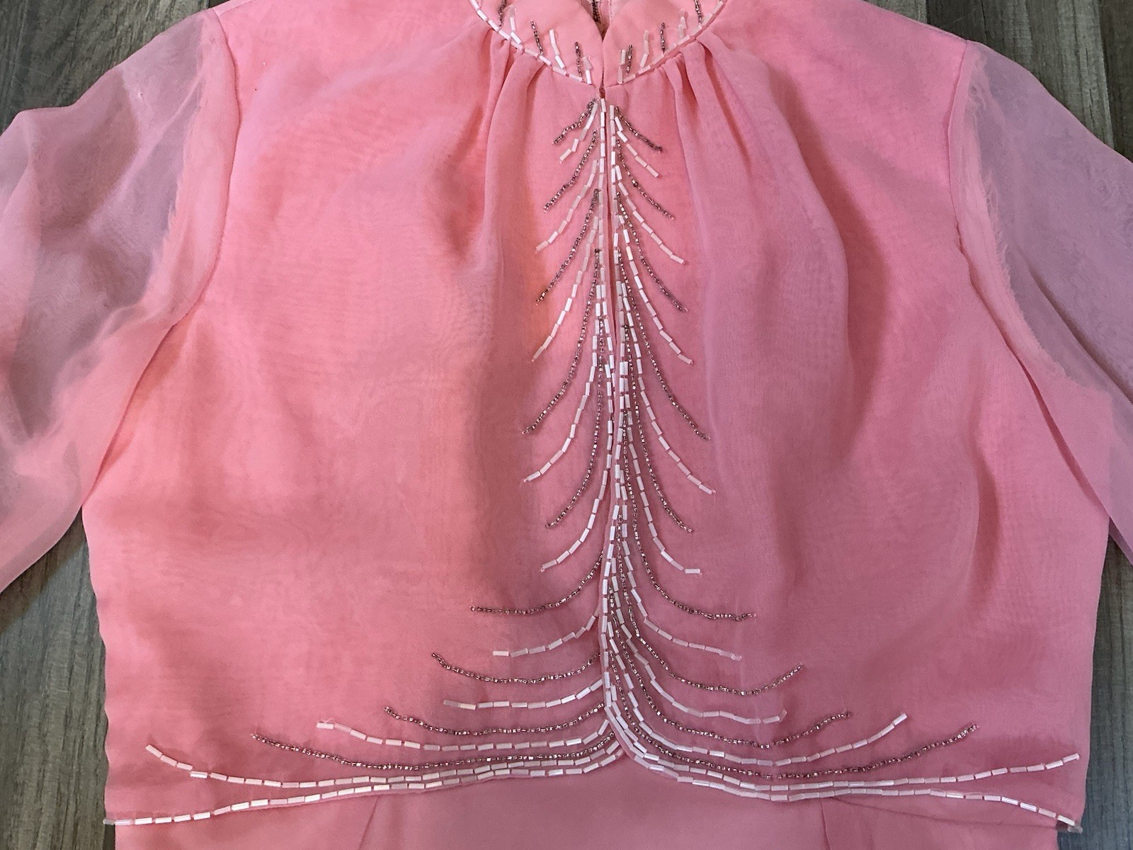 VTG 70’s Elgin Maxi Gown Dress Pink Chiffon Beadwork 5 Victorian Regencycore USA