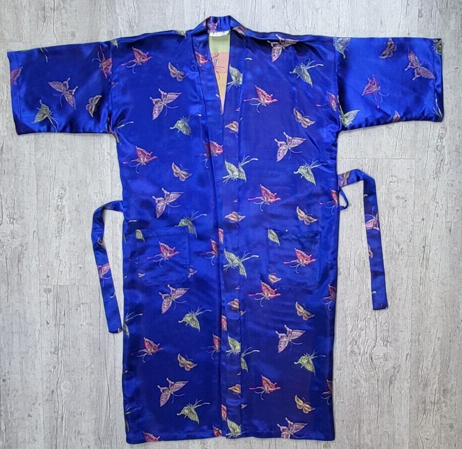 Vintage MEI GUI Blue Satin Butterfly Jacquard Japanese Silk Kimono Robe w/ Belt