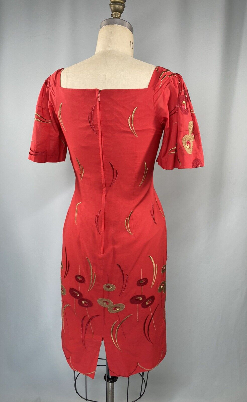 Vintage Dress SIZE SMALL red sheath embroidered 90s 80s Classic