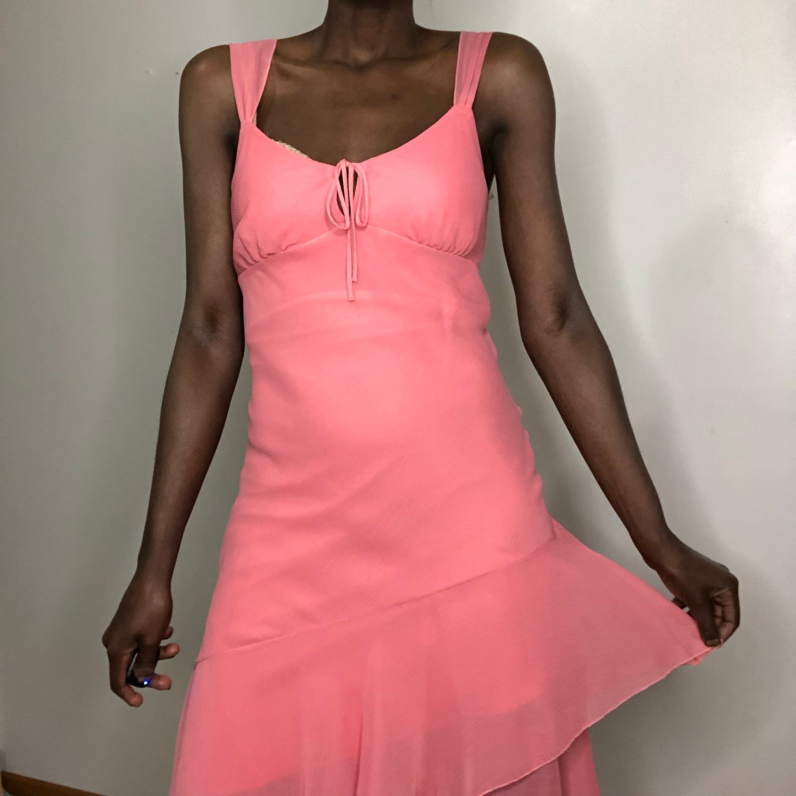 VTG 90s Y2K Pink Chiffon Coquette Fairy Milkmaid Asymmetric Dress Size Large