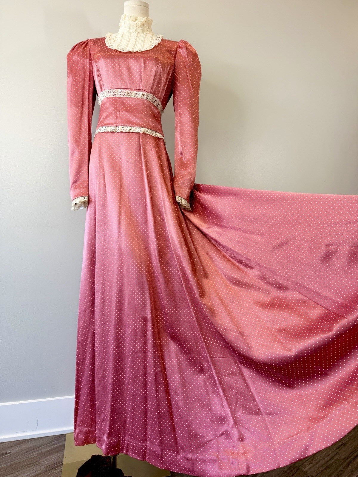 Vintage 1970s Prairie Dress Pink Dot Cottagecore 70s Elegant Edwardian Medium
