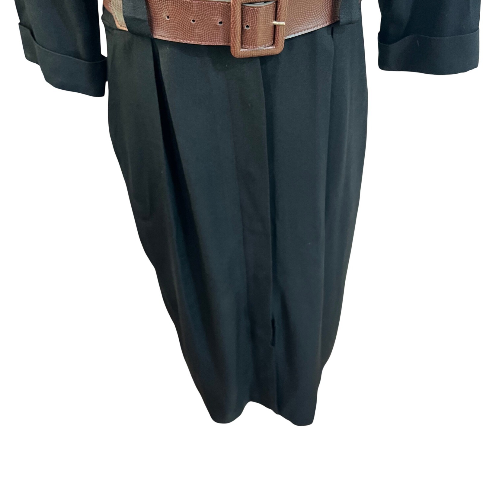 Vintage Studio I Black Crepe Midi Shirt Dress Utility Belted Pockets Petite S M