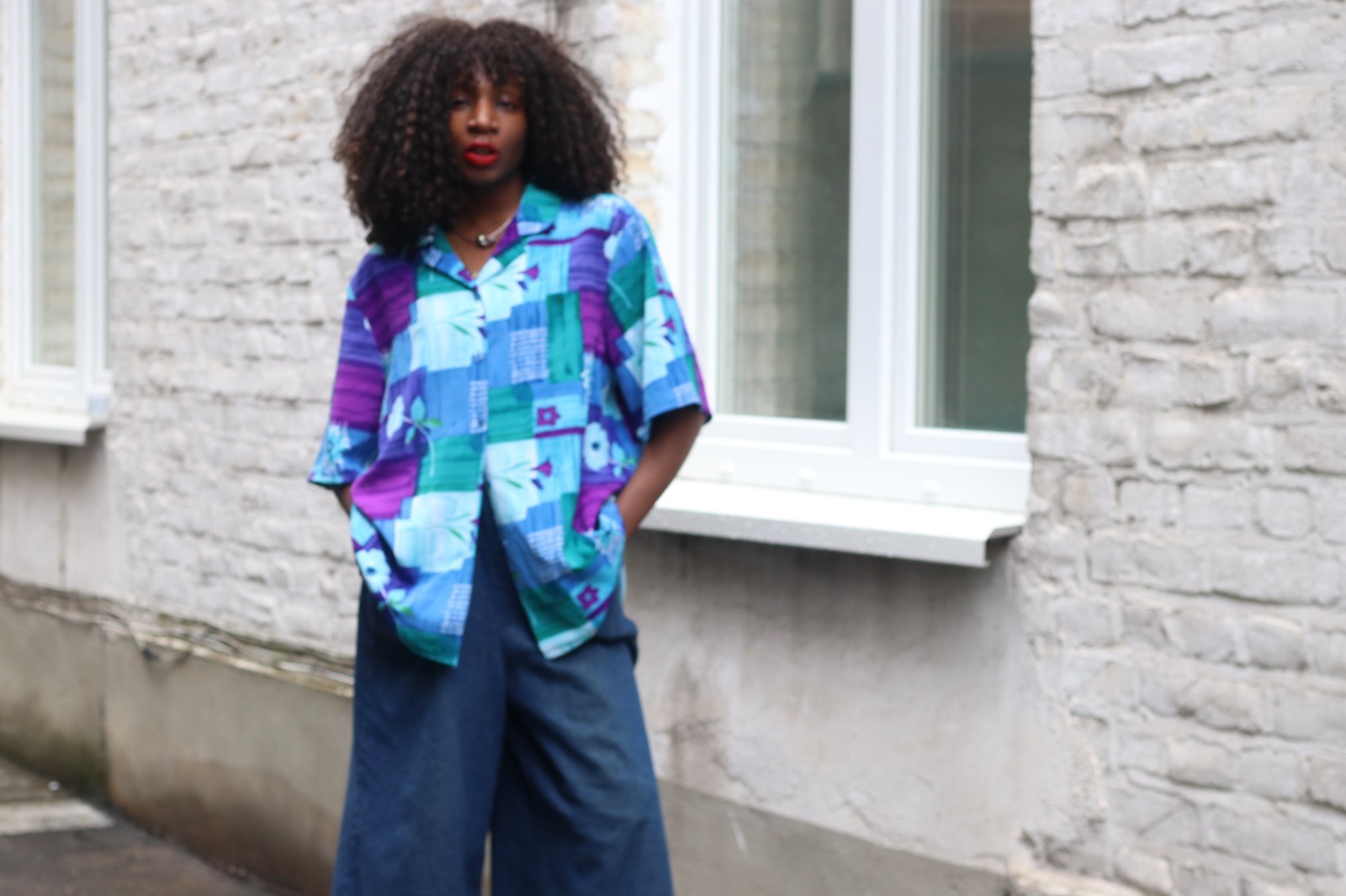 Vintage Blouse Abstract Pattern Blue Purple 90s Oversized Short Sleeve Shirt L