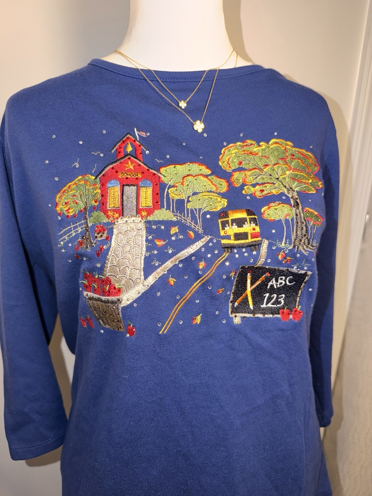 Quacker Factory School Bus Teacher Embellished Knit Top Blue 3/4 Sleeve 1X