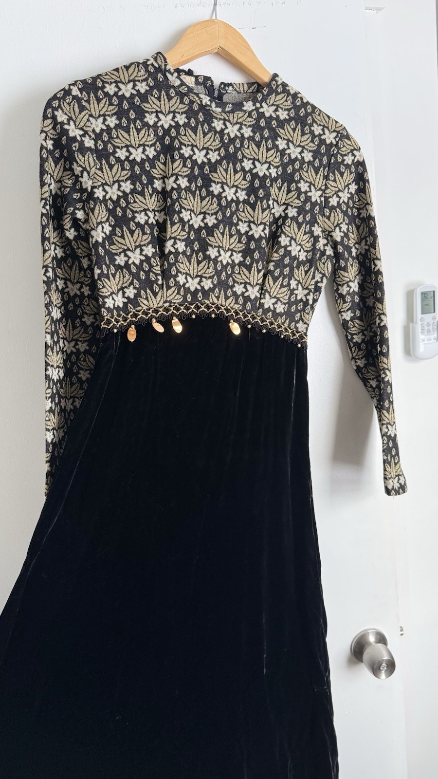 Vintage 60s Gold & Black Baroque Quilt Top & Velvet Skirt Maxi Dress XS 1960s