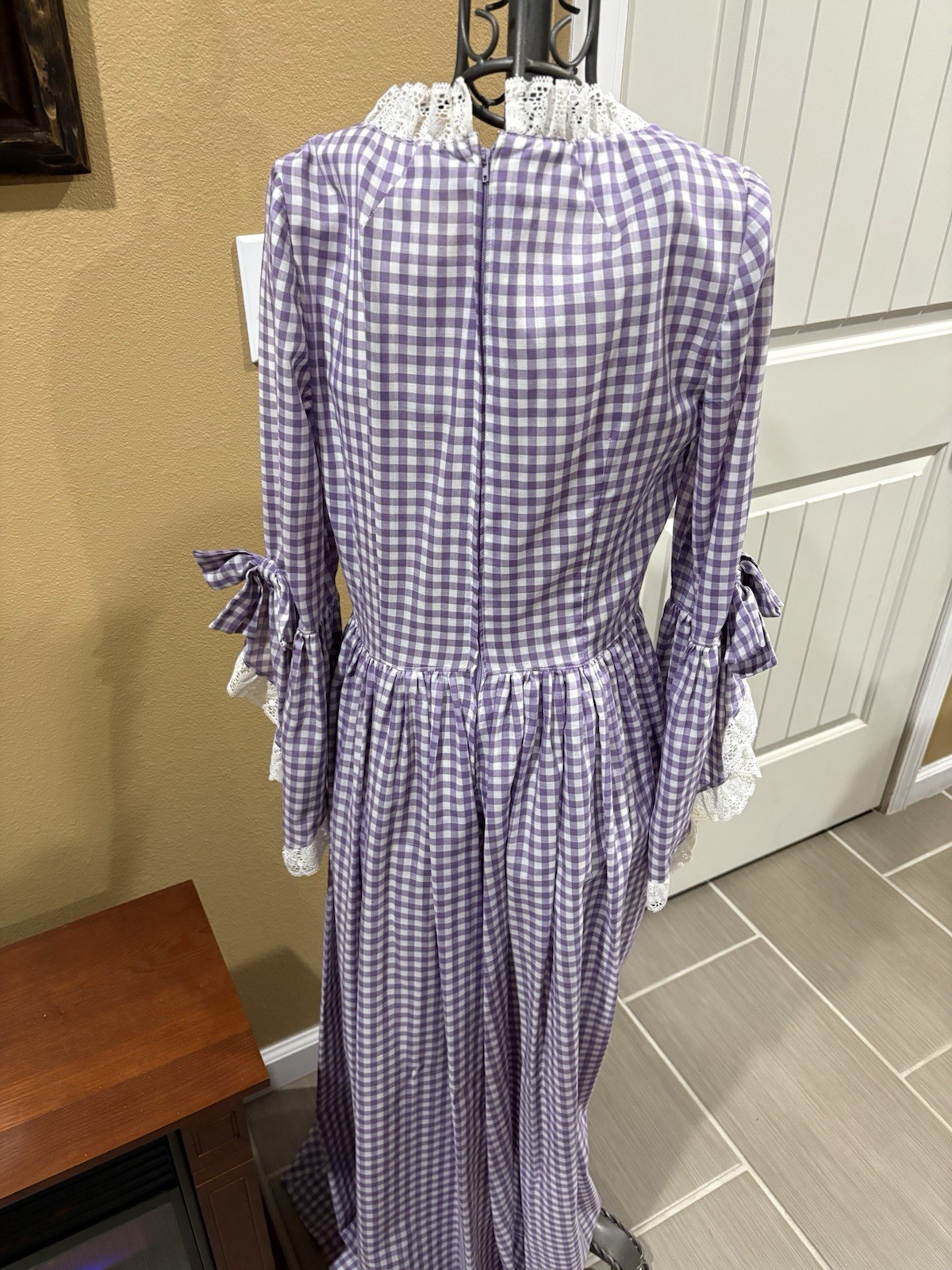 Prairie Style Lavender Gingham Long Dress Sz S Lace Floral Cottage Core Handmade