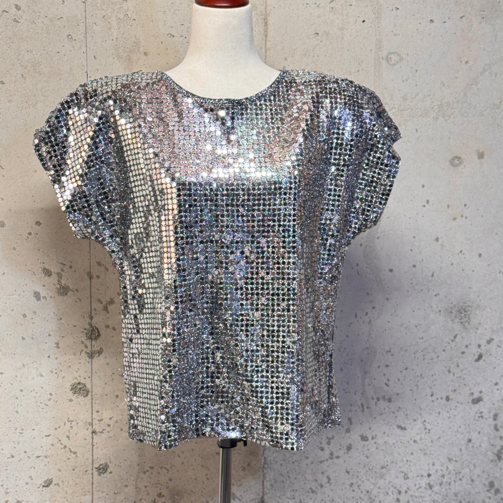 Norton McNaughton Sequin Top Womens 10 Silver Disco Glam Retro 80s Sparkle