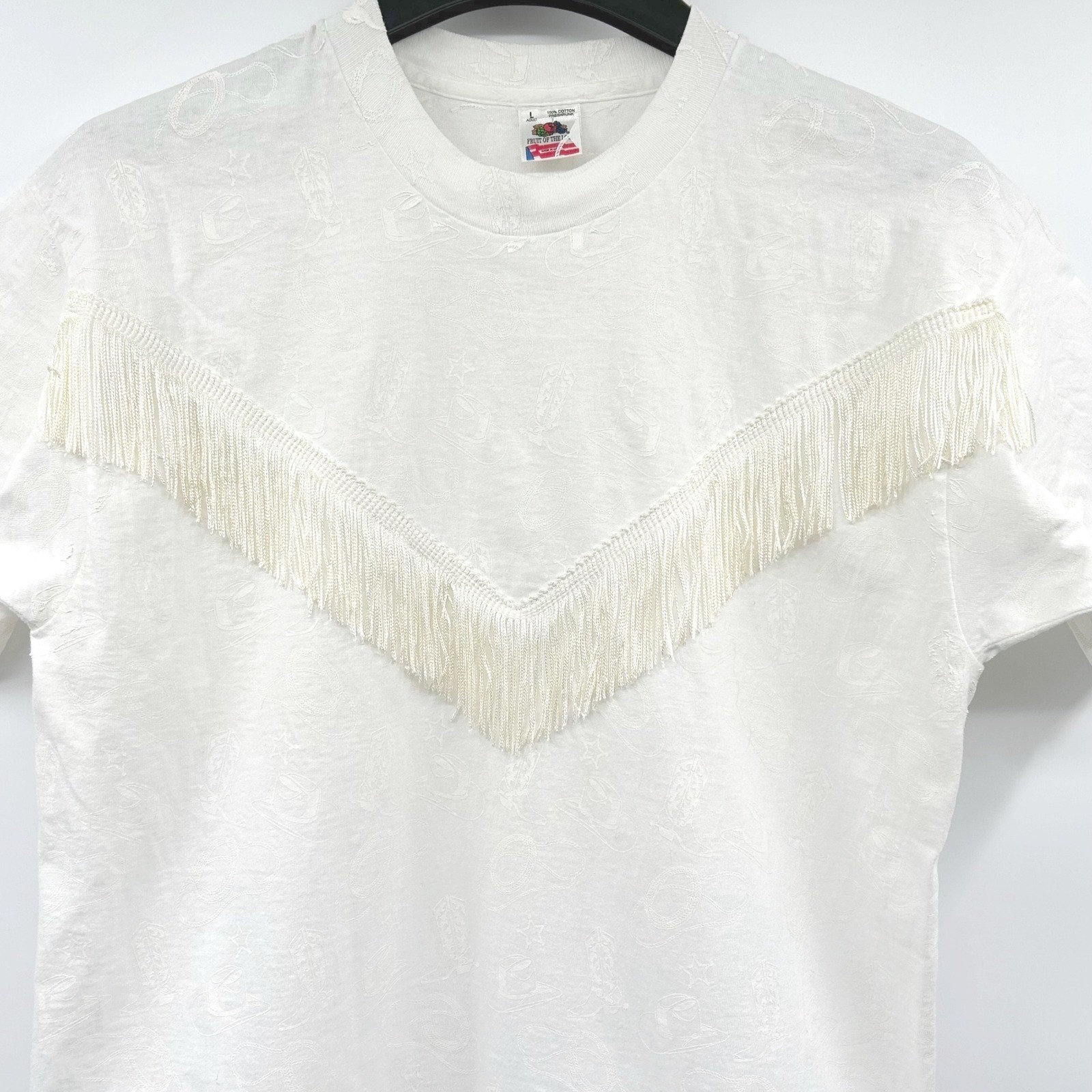 Womens Vtg 90s Western Fringe T-Shirt White Embossed Cowgirl Fruit of the Loom