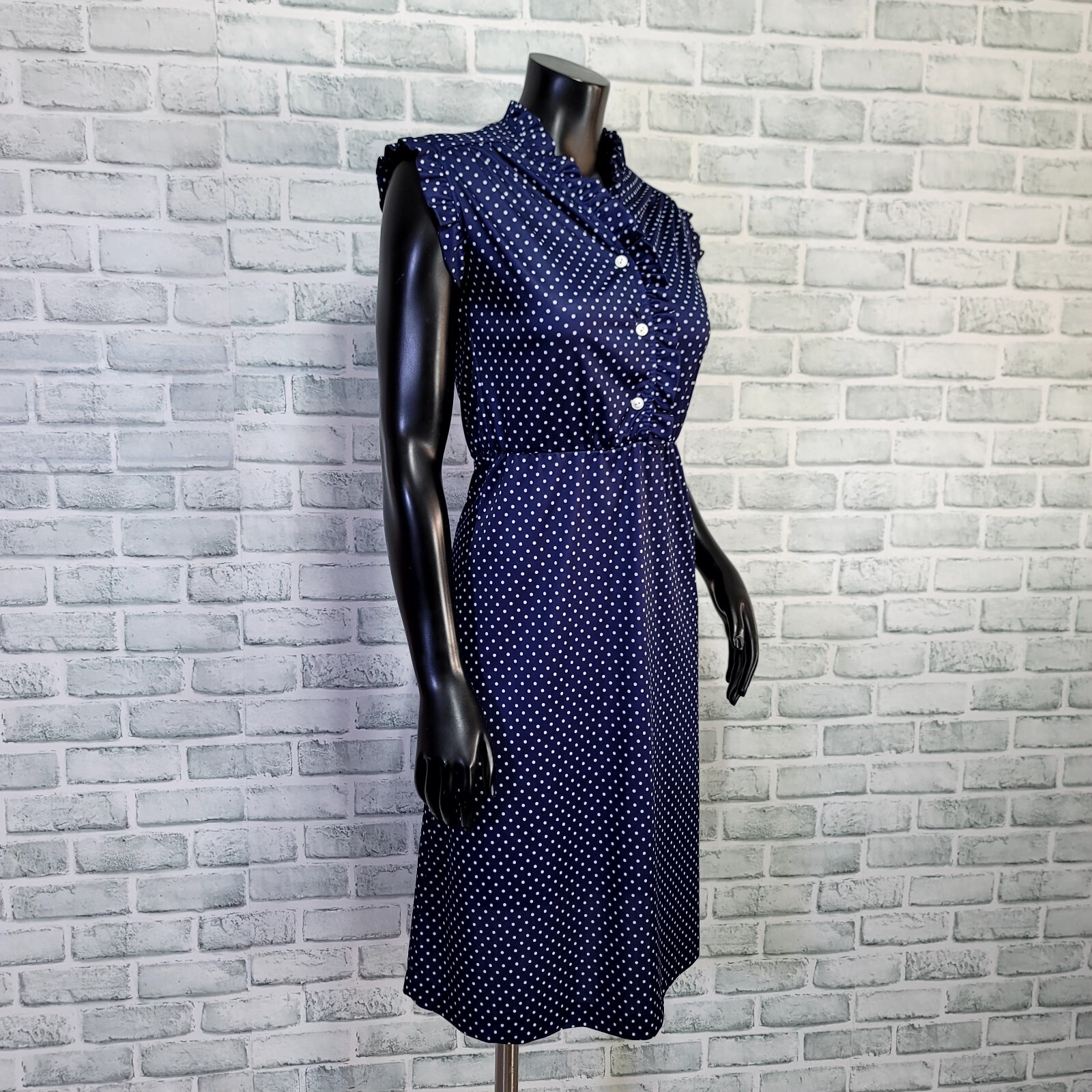 Vintage 70s Avon Fashion S Navy White Polka Dot Ruffle Sleeveless Sheath Dress