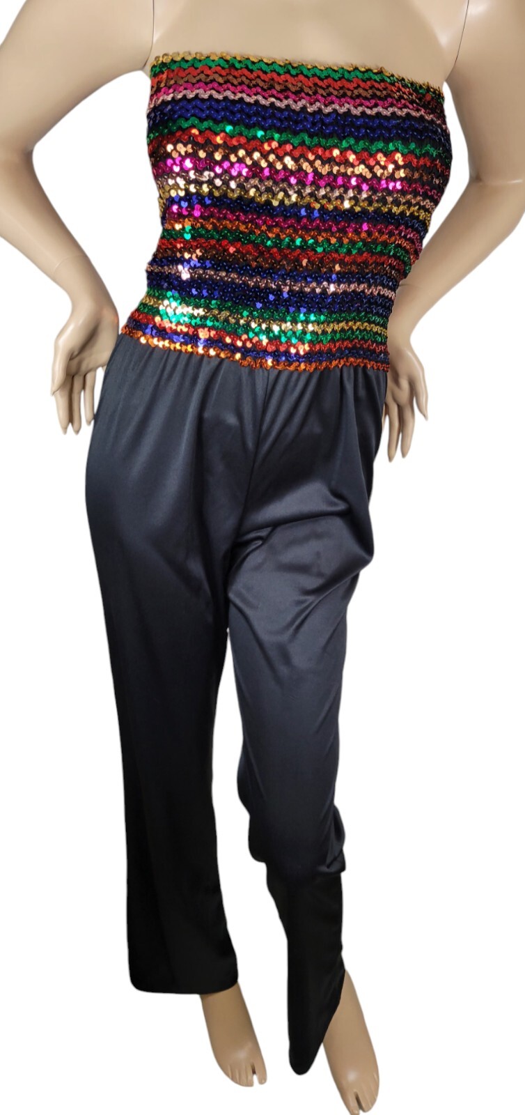 Vintage 70s JC Penney Fashions Rainbow Sequin Disco Halter Jumper Jumpsuit 13/14
