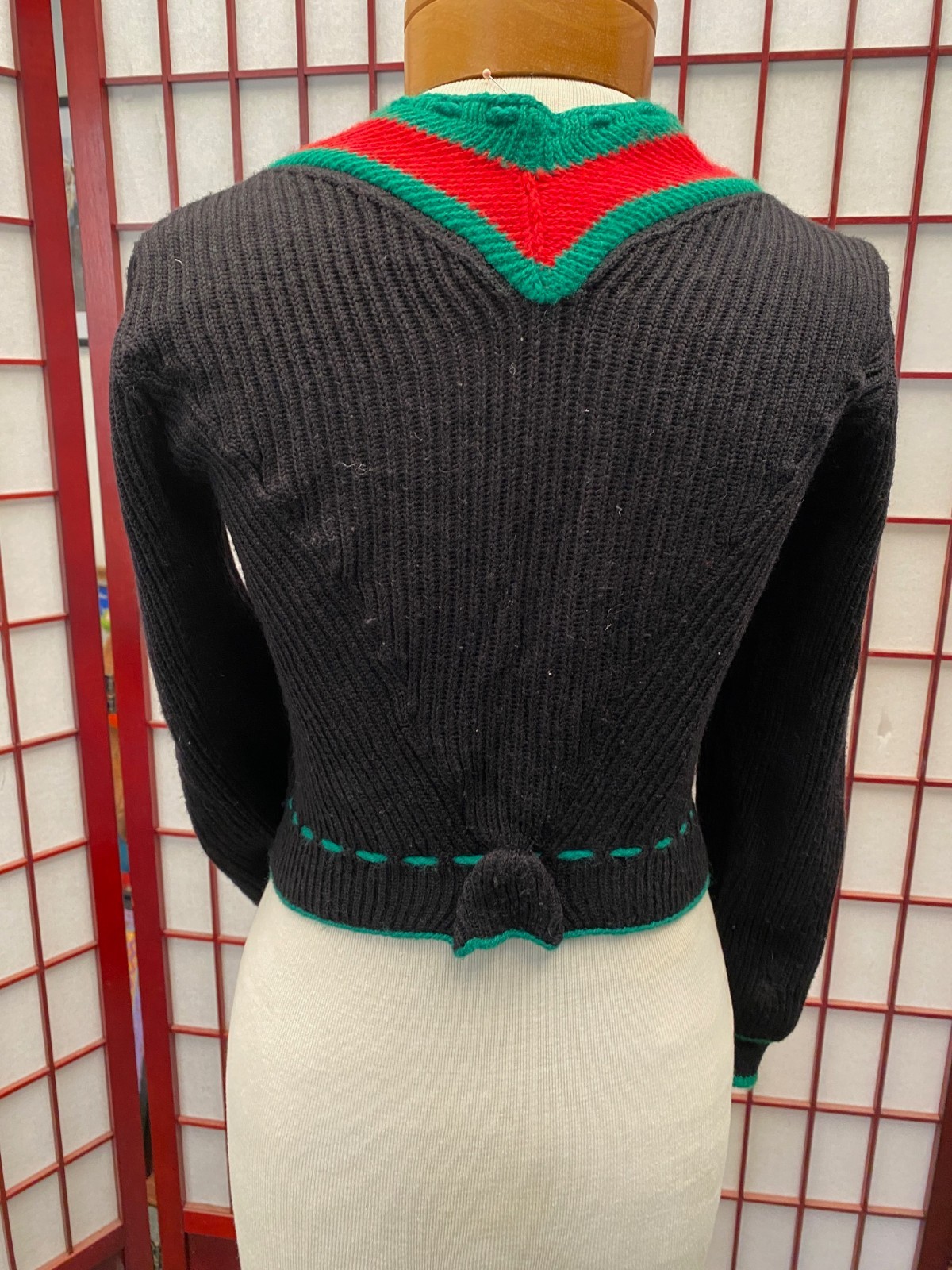 Wool Dirndl style Bavarian Vintage Cropped Cardigan – Jewel Buttons, Lace Up