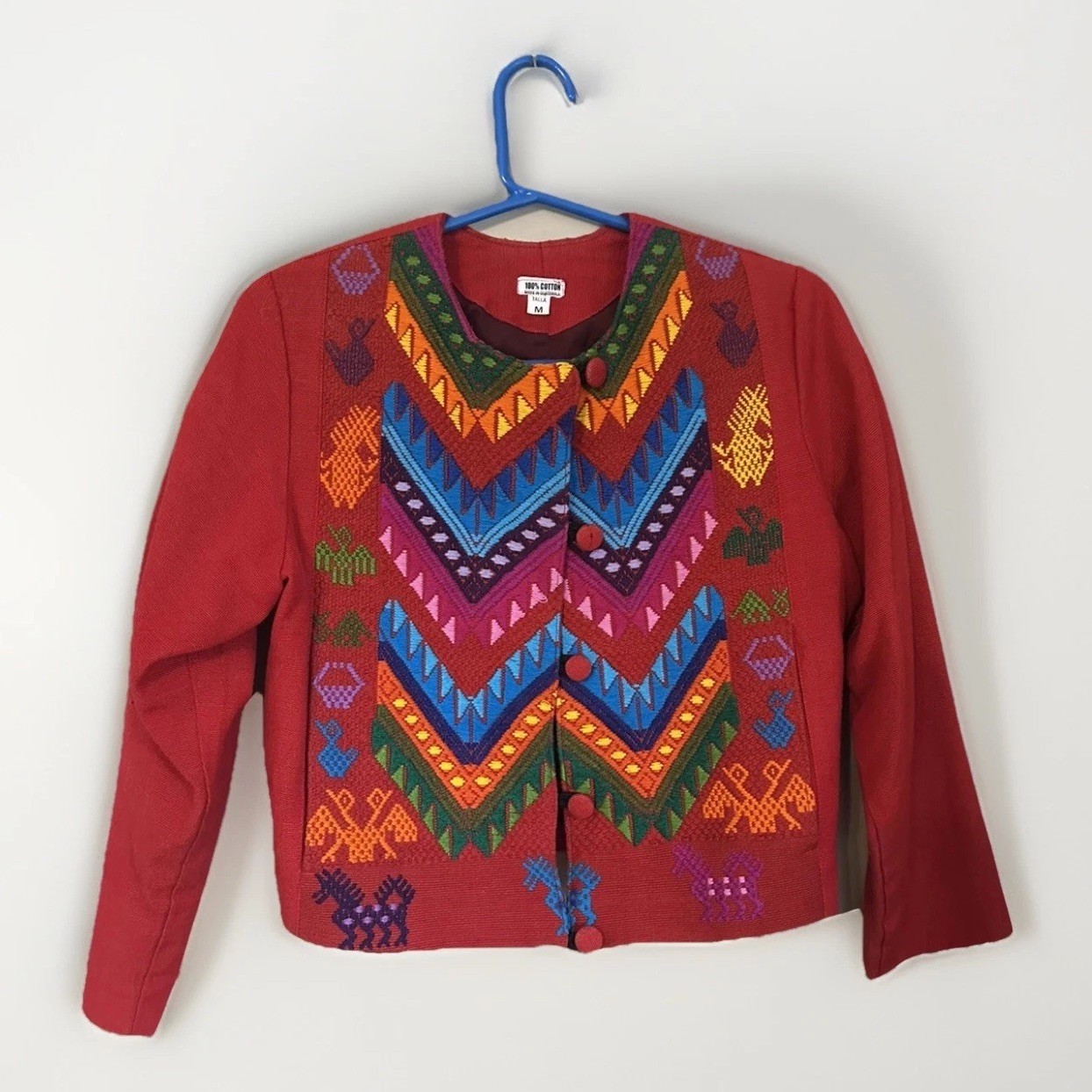 AS-IS Red Woven Guatemalan Huipil Folkloric Jacket Vintage Size M 100% Cotton
