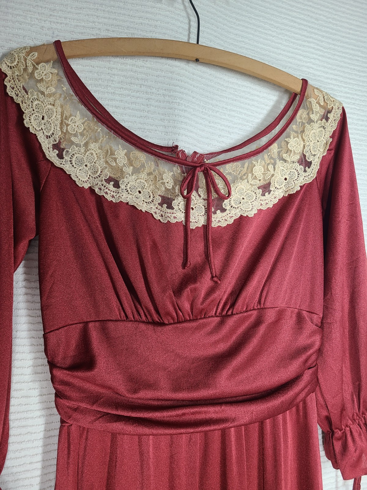 Vintage 1970s Long Dress 14 L Burgundy Liquid Knit Lace Mesh Bust Poly Union Tag