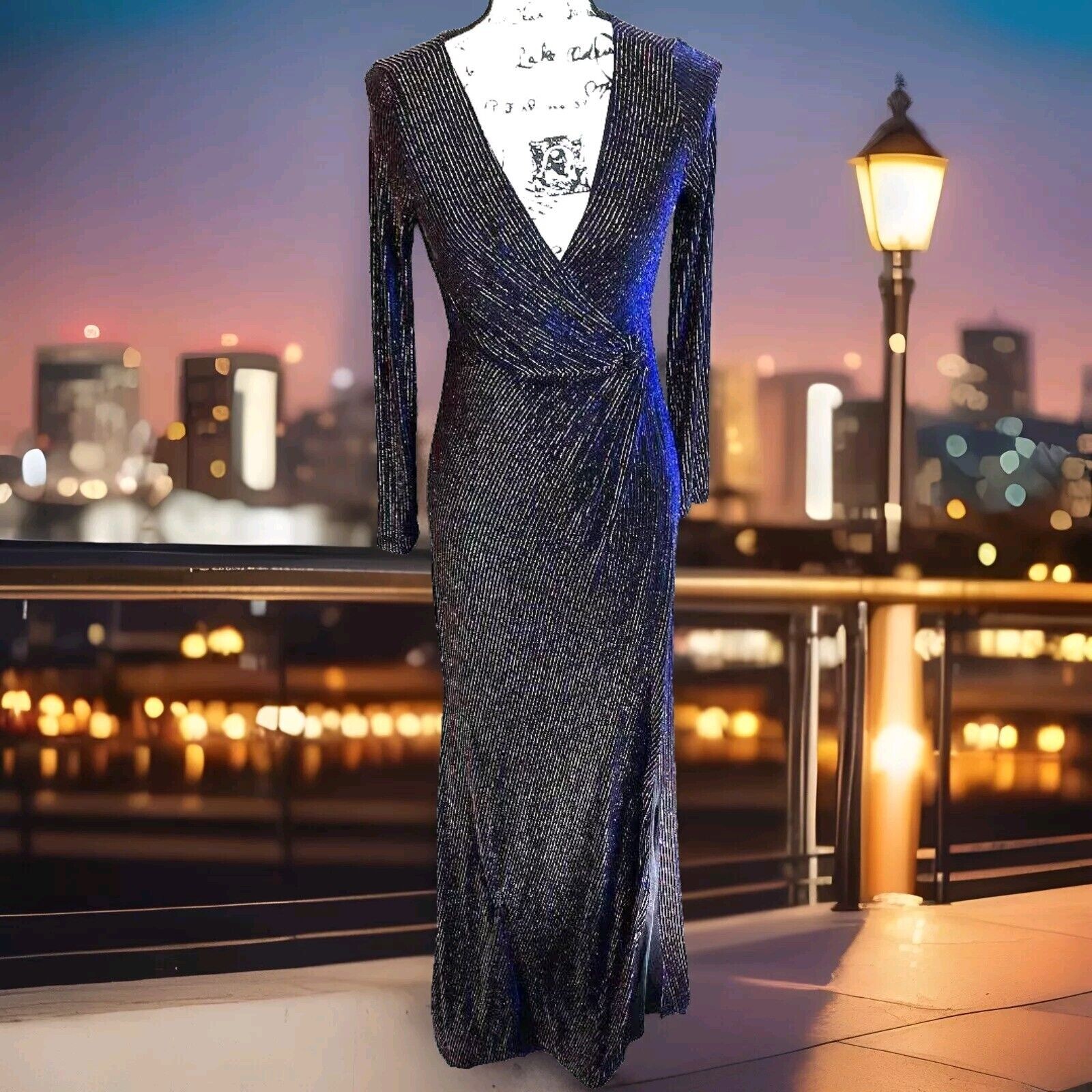 Vintage 90s Metallic Faux Wrap Maxi Dress Size 4 Black Blue Whimsigoth Event