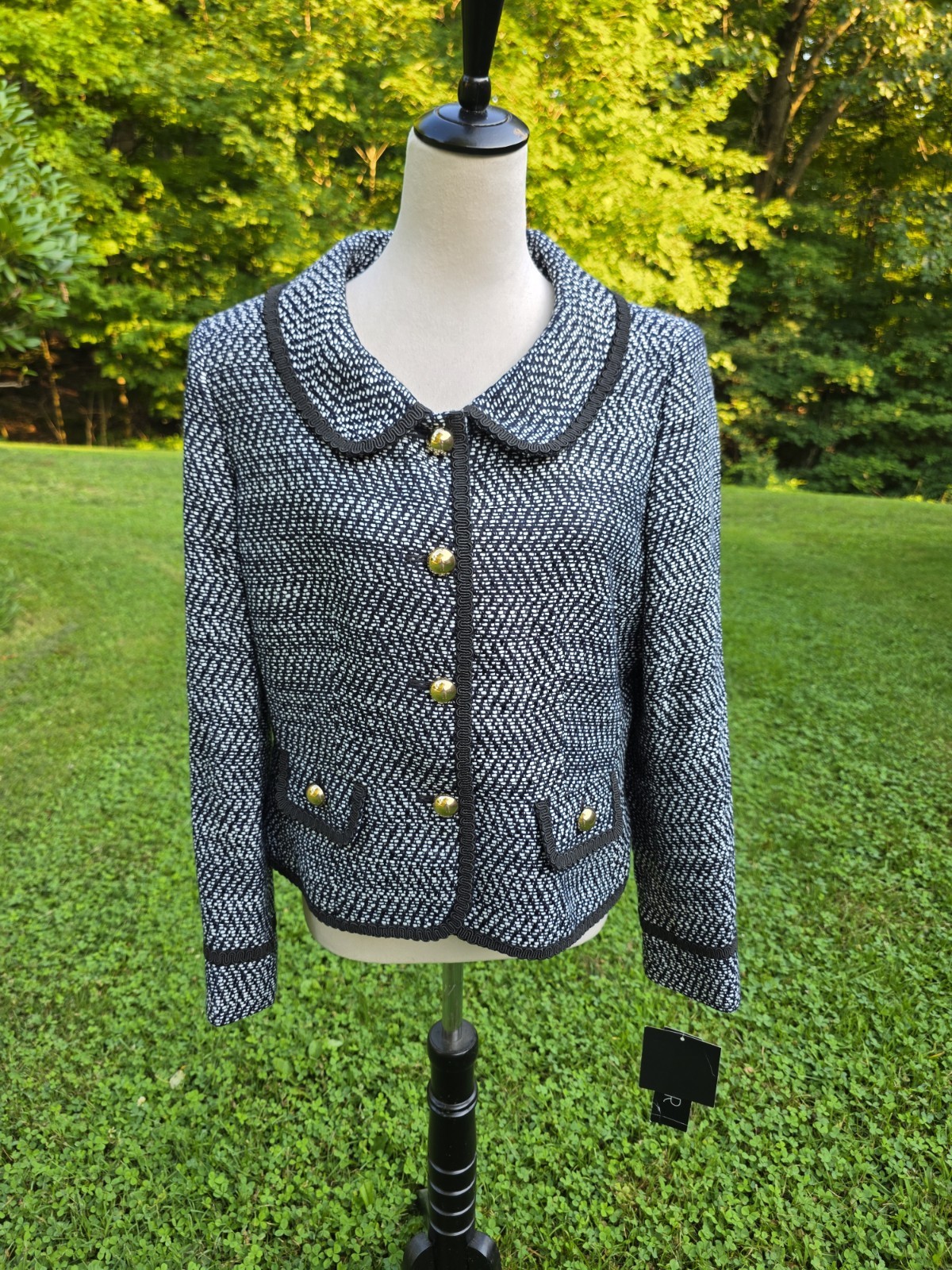 Vtg Kasper NWT Tweed Blazer Jacket Black White Gold Button Braided Trim Sz 12