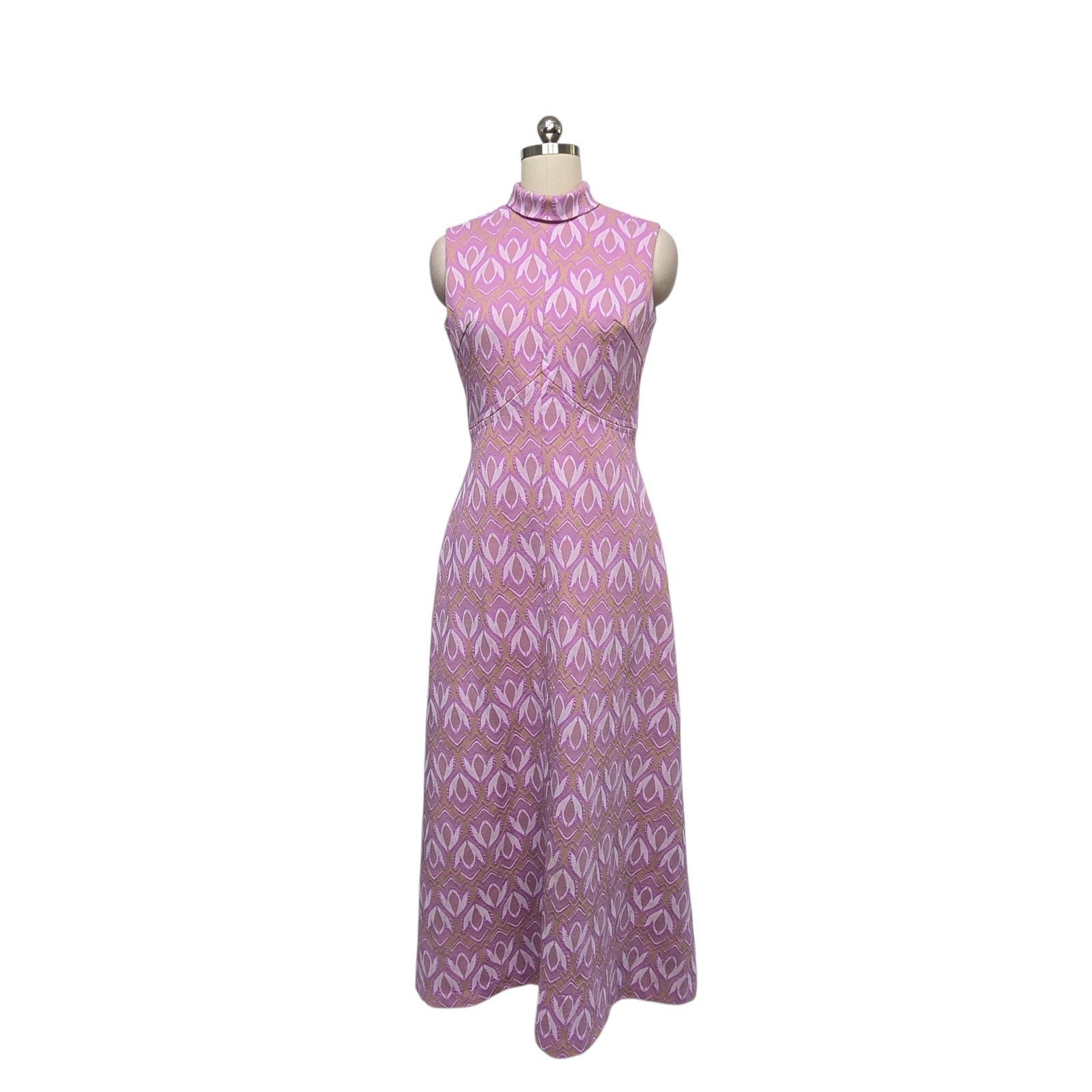 TeJo of California Vintage 60s 70s Lavender Geometric Knit Mock Neck Maxi Dress