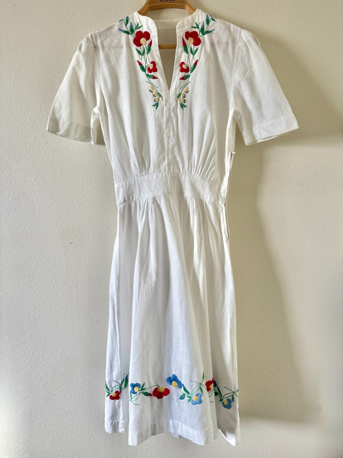 Vintage 1940s Short Sleeve Flour Sack Dress With Floral Embroidery Detail And Me