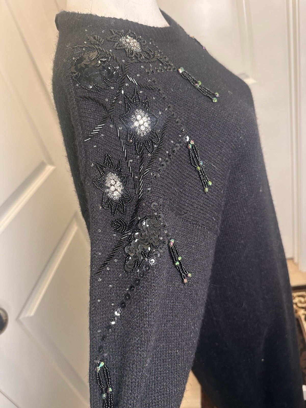 Vintage Belldini Black Beaded Sweater Dress Angora Blend Rhinestone Size L