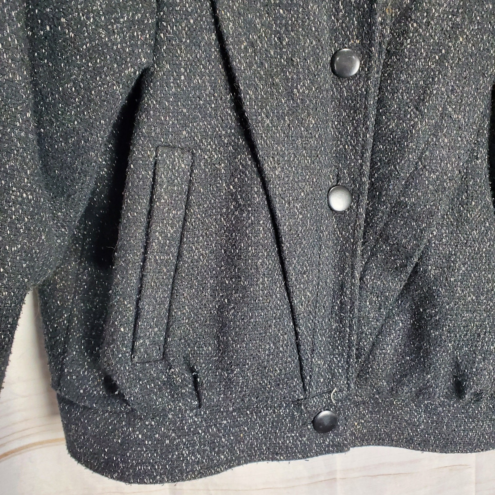 Vintage 80s Wool Leather Speckled Black Button Bomber Jacket Coat Size Medium