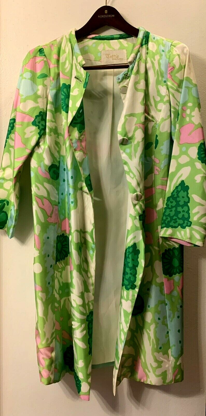 1960s Jacket COAT Small 3/4 Length TEFFTS MIAMI Flower Power Boho Green Pink Vtg