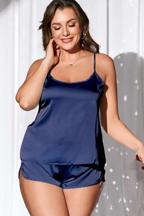 Silk Pajamas Set for Women Satin Backless Lingerie Pjs Cami Medium Navy Blue
