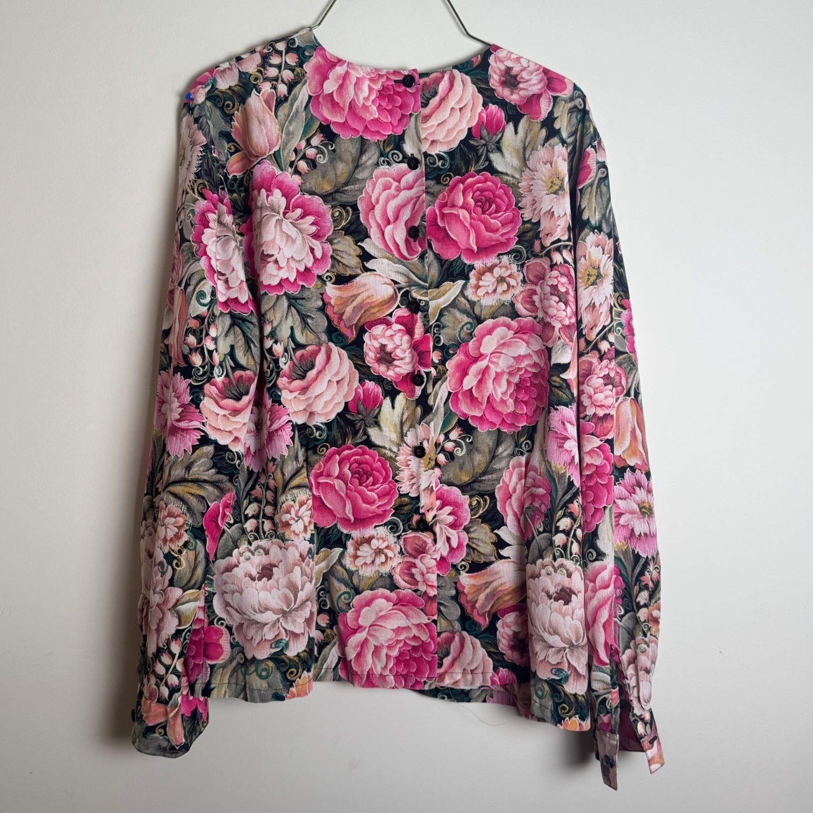 Dana Buchman 100% Silk Floral Blouse Pink Green Black Vintage 90s Size 14
