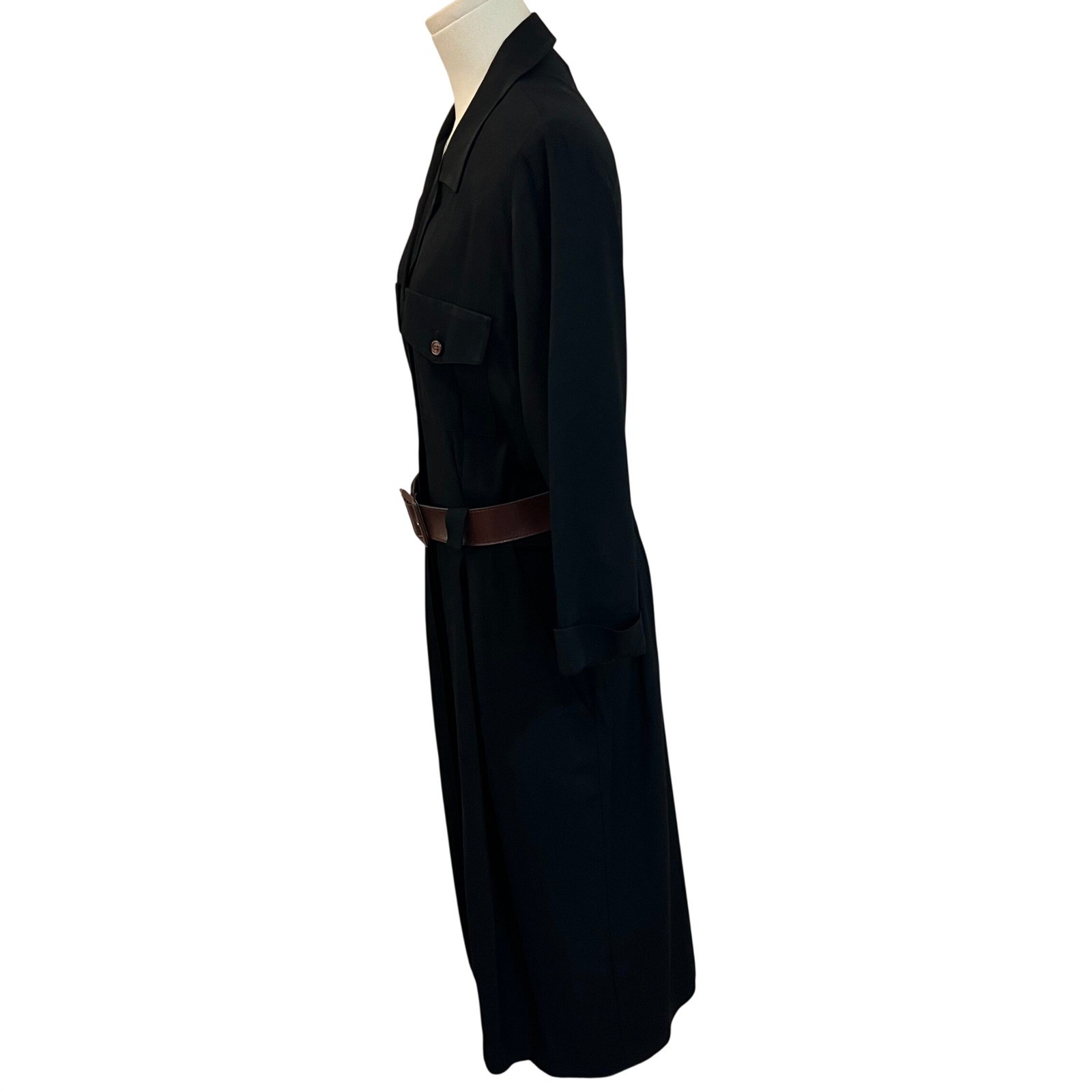 Vintage Studio I Black Crepe Midi Shirt Dress Utility Belted Pockets Petite S M