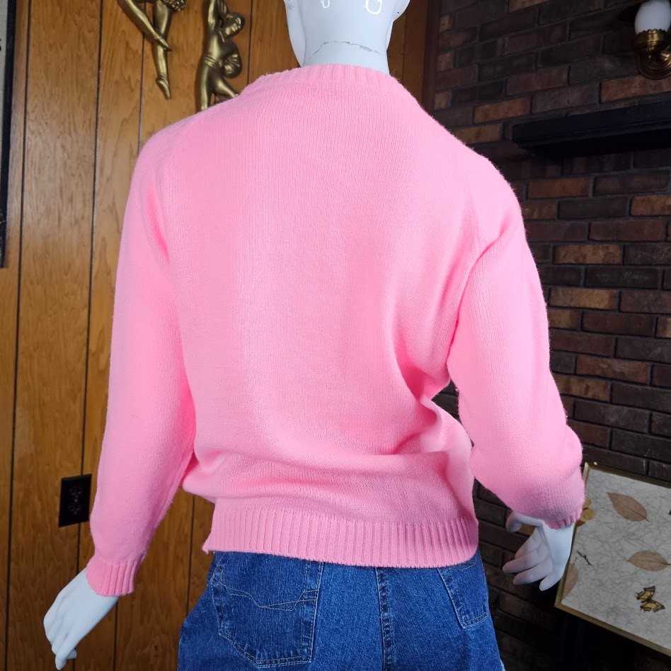 Vtg 60s Bubblegum Pink Grannycore Mod Pointelle Cable Knit Cardigan Sweater S/M
