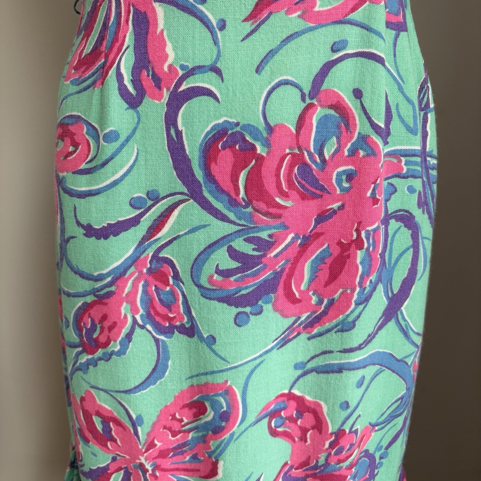 Mod Vintage 1960’s Retro Aqua w/ Hot Pink Floral Print Ruffled Hem Sun Dress M