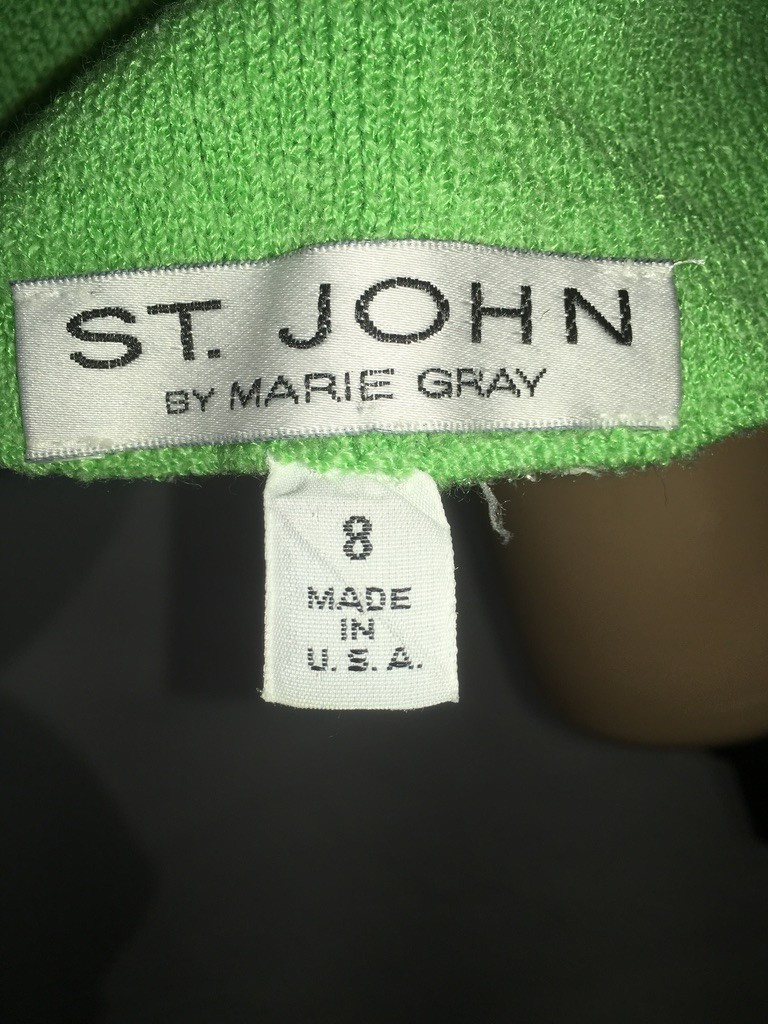 Vintage St. John by Marie Gray Knit Green Dress Puff Sleeves Size 8 1980s V-neck