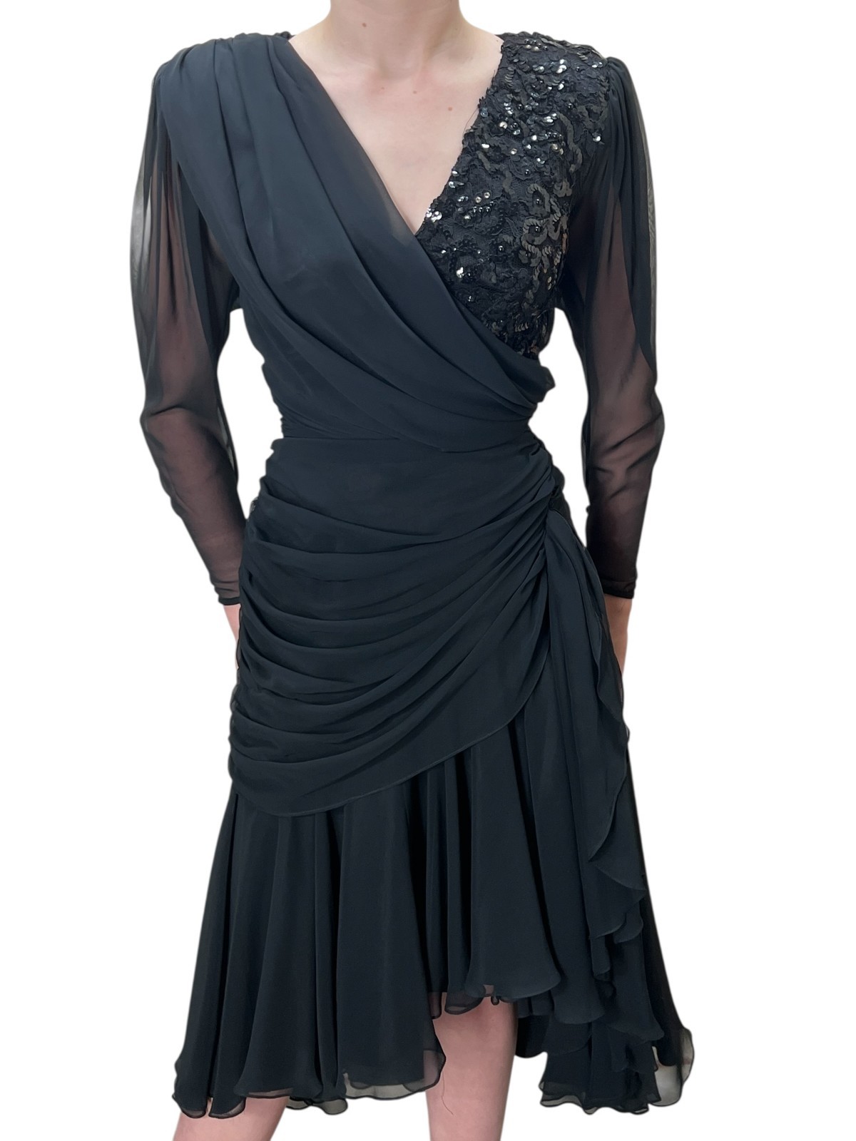 S Vtg 80s Sz 4 Tadashi Dress Saks Fifth Ave Party Cocktail Ruched Chiffon Sequin