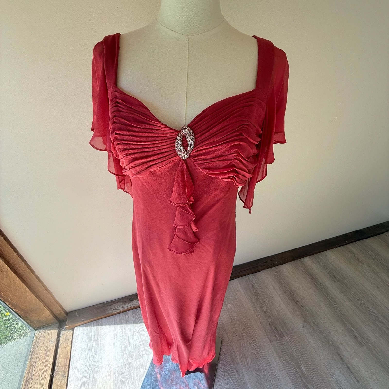 Vintage 100% Silk Dress Red Pink Beaded Flutter Sleeve Adrianna Papell