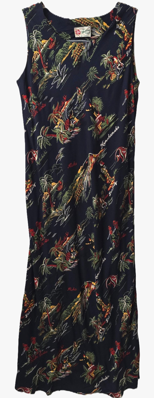 Vintage Hilo Hattie Maxi Dress 16 XL Island Palm Tree Print Navy Hawaiian Beach