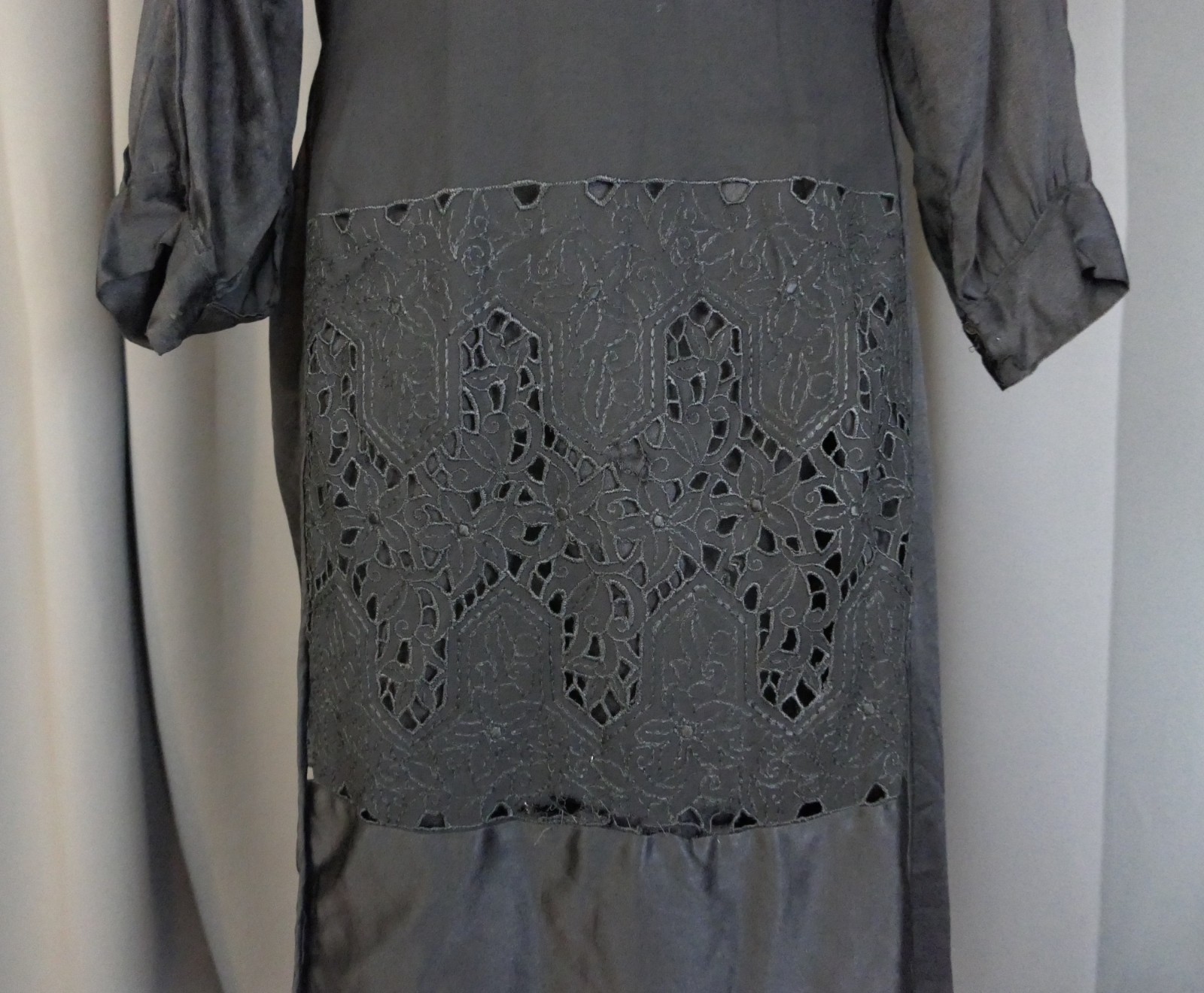 Damaged 1910s Black Silk Satin Dress, Eyelet Panel, 40 inch bust, Ankle length