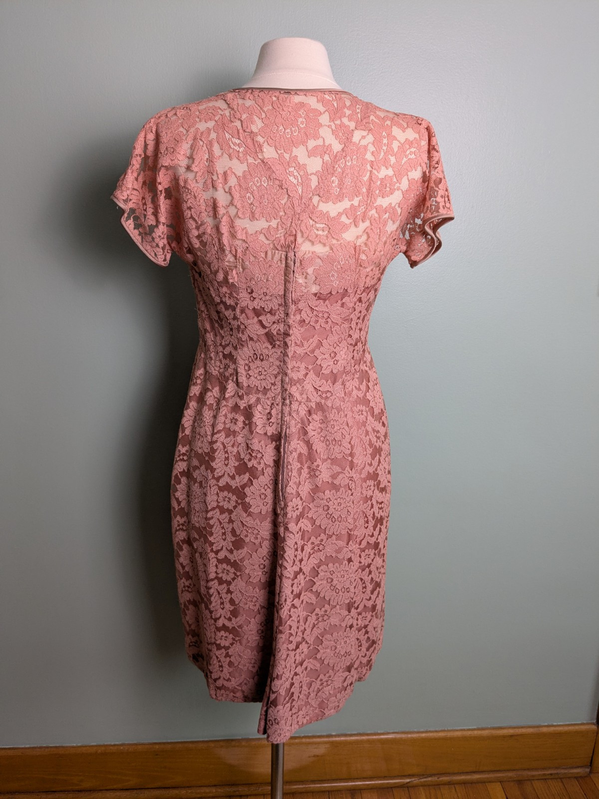 As Is Dusty Pink Lace Overlay Ferman O’Grady Pencil 1950s Vintage Dress