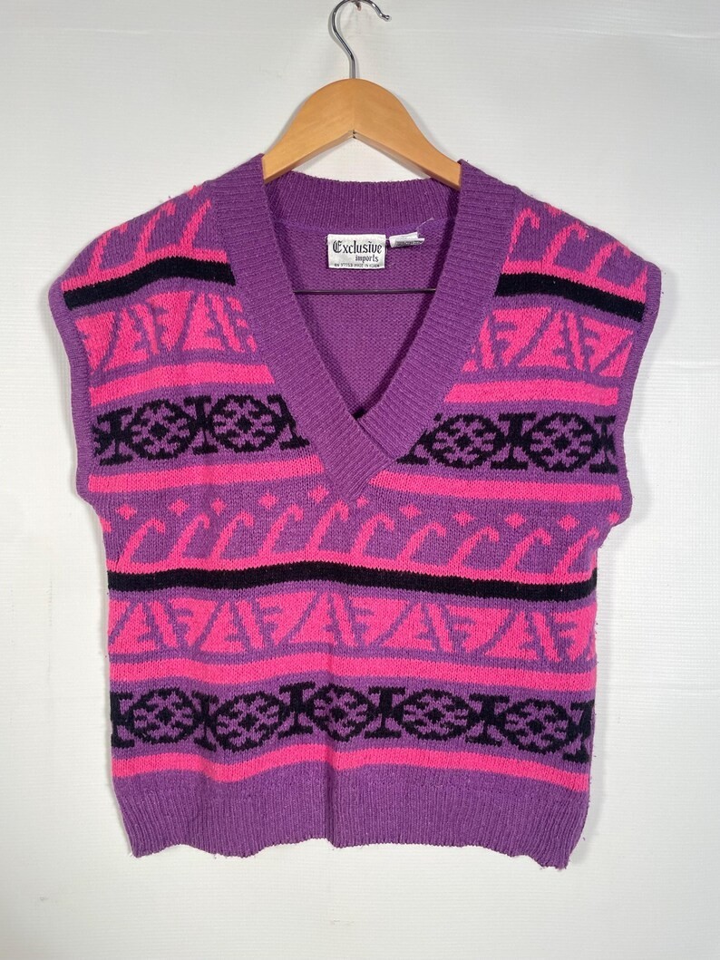 Vintage 1980s Fair Isle Geometric Angora Silk Blend Knit Sweater Vest Size S/M