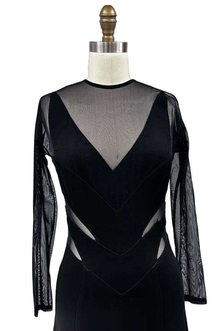 Tadashi VTG 1980s Long Black Evening Dress Sheer Cutouts Mob Wife Disco Glam M