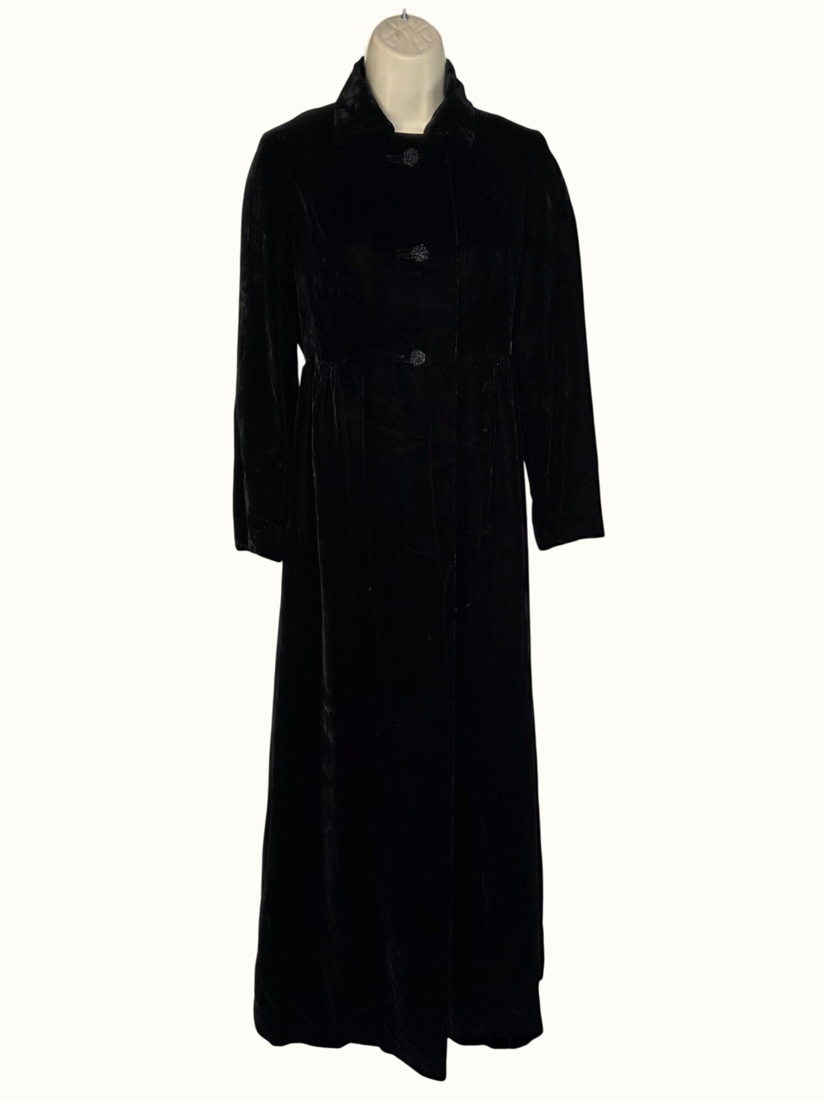 Vintage Marsis California Black Velvet Maxi Opera Coat XS/S Glass Btn Gothic 70s